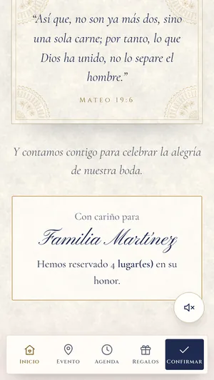 Saludo personal «Con cariño para Familia Martínez. Hemos reservado 4 lugares en su honor»